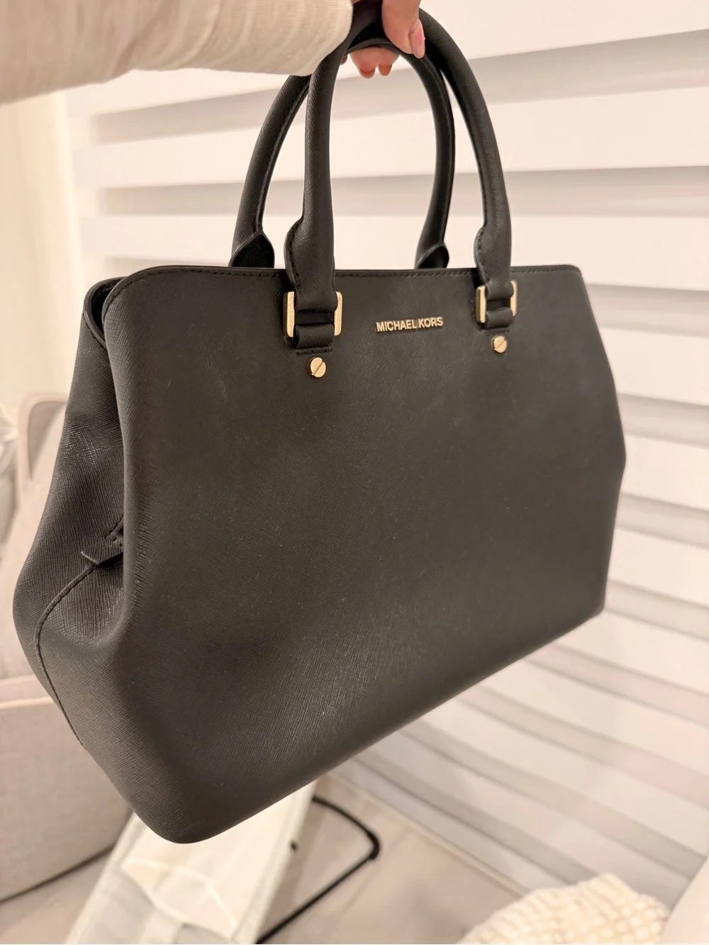 Michael Kors Black Leather Top-Handle Satchel with Gold Hardware